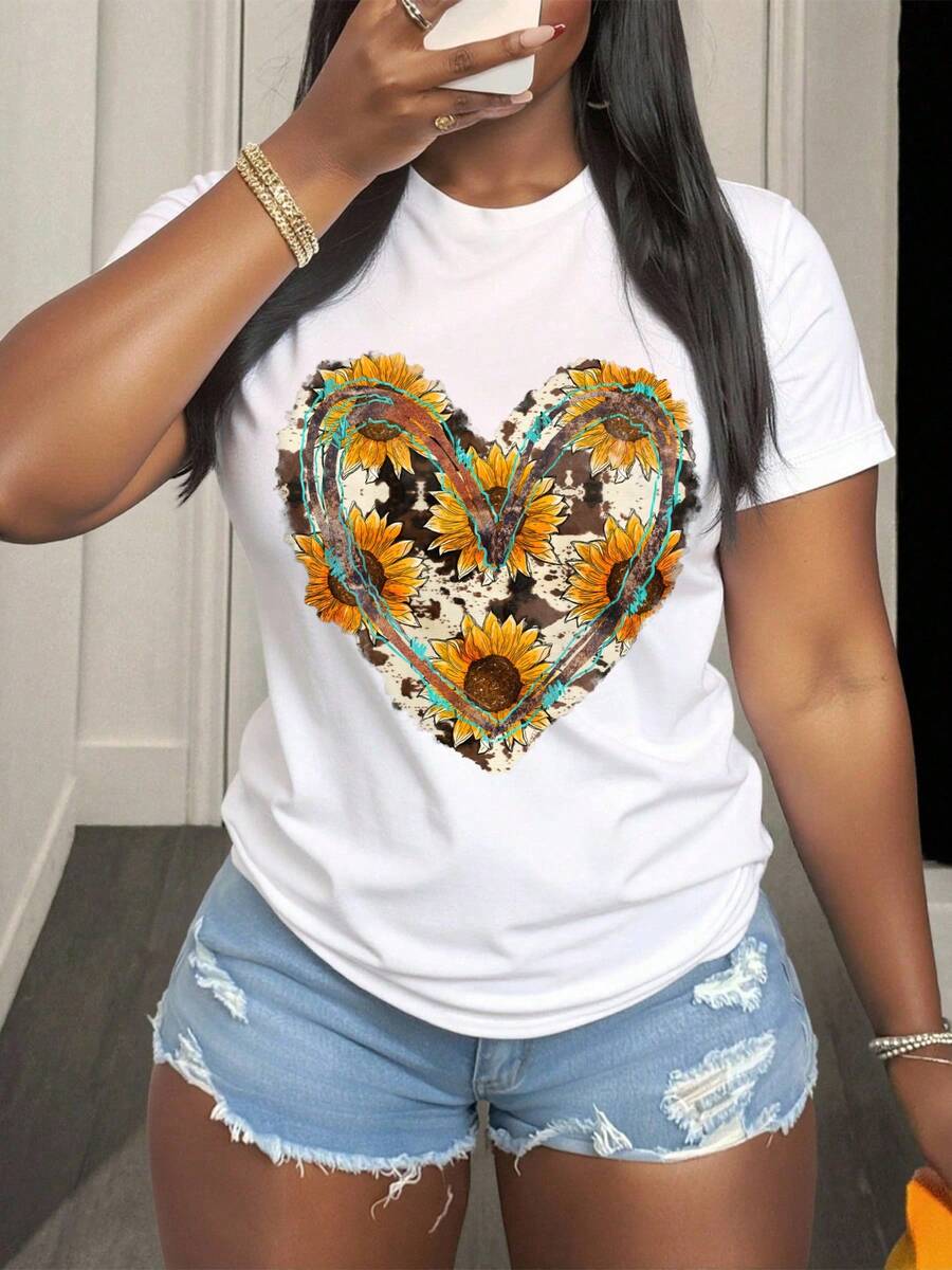 Sunflower Heart Design Graphic Tee For Women Casual Summer Outfit Boho Style Top With Floral Pattern Comfortable Everyday Wear - Blanco - Ver 1