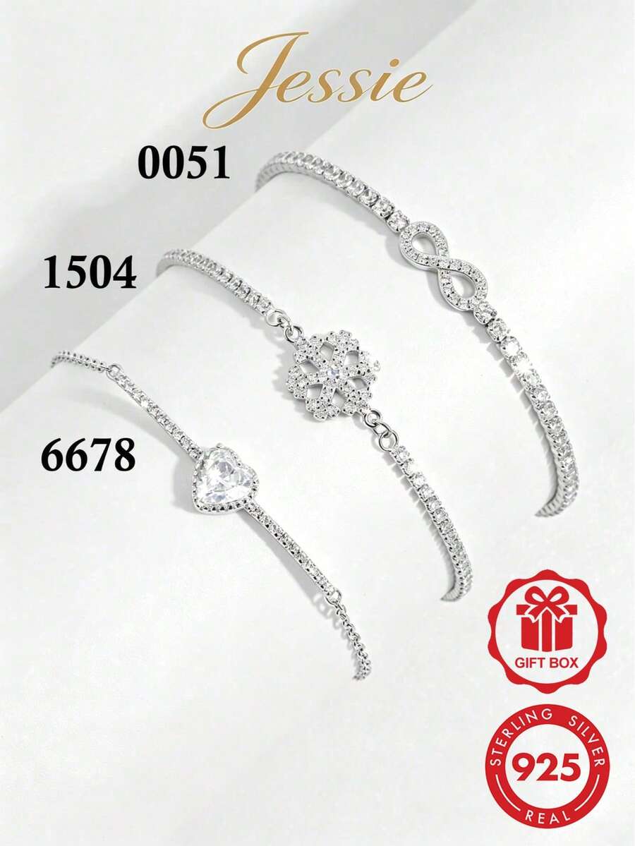 1件奢華閃耀優雅高端時尚925純銀立方氧化鋯方形排列雪花心形8設計手鍊,適合女性在約會、派對、宴會和日常場合佩戴以展現魅力,絕佳禮物 - 銀色 - 查看 1