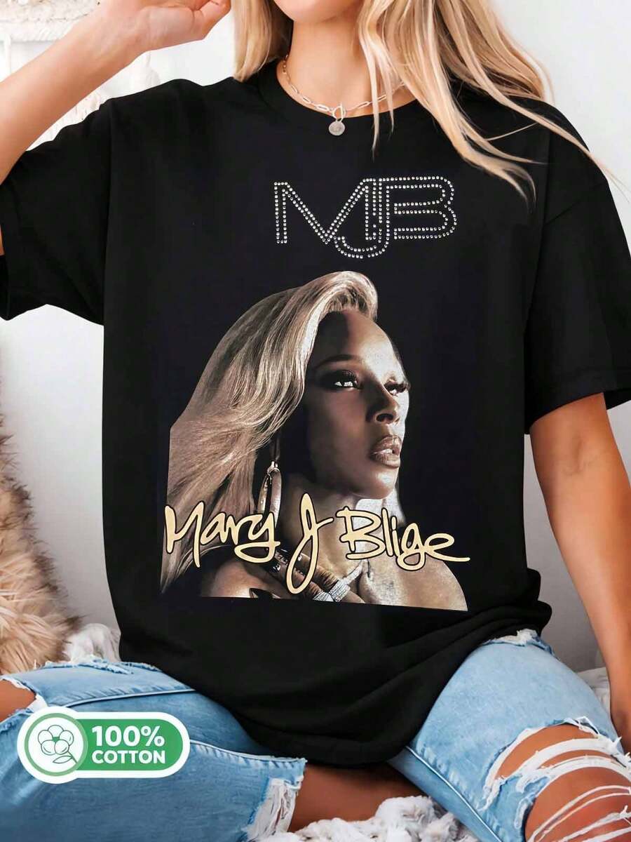 Mary_J_Blige_Rhinestone_MJB_Logo_Sepia_Tone_Portrait_Cursive_Signature_Graphic_T-Shirt - 黑色 - 查看 1