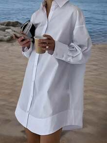 Camisa blanca de manga larga, holgada, de unicolor y con botones delanteros, para primavera, talla grande - Blanco - Ver 5