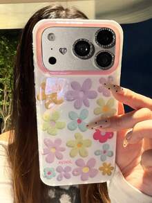 多巴胺可愛閃粉彩色花朵手機殼,適用於 iPhone 17 Pro Max 17 Pro 17 16 Pro Max 16 Pro 16 15 Pro Max 15 Pro 14 Pro Max 14 Pro 13 12 11,藝術感可愛閃亮透明軟質保護背蓋,適合女孩 - 白色 - 查看 3