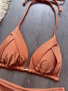 Solid Color Tie-Up Bikini Set, Vacation Beach Summer Brown - Brown - View 3