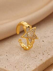1 Peça Anel Personalizado com Estrela & Flor Canelado, Banhado a Ouro 18K, Banda Aberta, Acessório de Design de Nicho, Presente para Look de Uso Diário - Dourado 2 - Visão 10