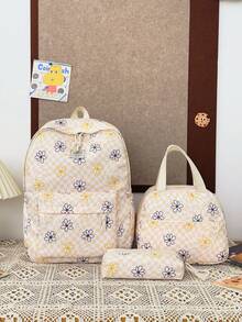 1 Set Back To School Backpack Set - Checkerboard/Floral Print Large Capacity Backpack + Lunch Bag + Pencil Case Multi-Piece Set, With Laptop Compartment School Bag, Durable Nylon Backpack, Adjustable Shoulder Straps Backpack - Lightweight Portable Zipper Bag, Suitable For Students/Teenagers/Graduates, Perfect For Outdoor/Travel/Middle School/High School/College, College Essential Backpack - Yellow - View 9
