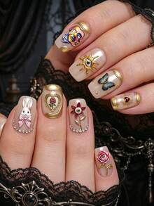 Vintage Baroque Embossed Nail Art Stickers, One Style With White Rabbit, Clock, Rose, Heart, Bow, Sun Designs, Another Style With Angel, Cat, Rose, Swan, Heart, Bowknot Designs, Suitable For French Court, Dark Fairy Tale, Lolita, Halloween, Vintage Wedding Nail Styles, Self-Adhesive Ergonomic Fit Resistant To Peeling, Best Choice For Women And Girls DIY Nail Decoration, Professional Nail Salon Craft Accessories - Multicolor - View 6
