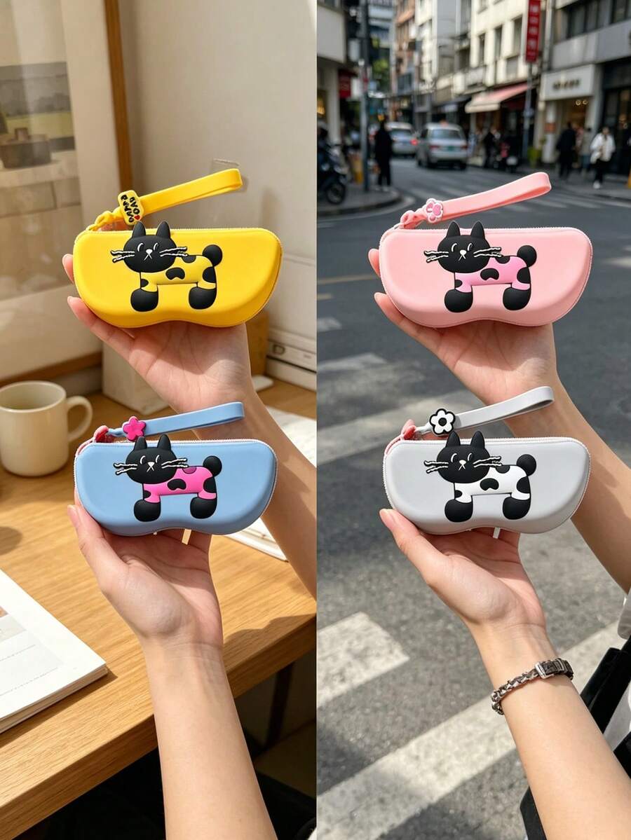 Silicone Zipper Eyeglass Case, Eyeglass Storage Bag, Cartoon Cat Letter Star Soft Silicone Patch Decoration, Waterproof Shockproof Dustproof Protection, With Lanyard Portable Eyeglass Bag, Suitable For Sunglasses, Nearsighted Glasses, Reading Glasses, Travel Outdoor Daily Storage Organizer Box, Graduation Season Back To School Season Gift, Holiday Gift, Suitable For Daughter, Girlfriend, Wife, Student Women - Multicolor - View 1