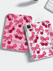 Capa Traseira de Acrílico Transparente Cristal Pintada em Duas Faces com Laço de Livro Vermelho e Cereja Cartoon Fofo e Requintado, À Prova de Choque, Compatível com iPad 7ª, 8ª (10,2 Polegadas), 10ª Geração, Slot para Lápis Integrado, Suporta Função Dormir/Acordar, Escolha Ideal de Presente. - Multicolorido - Visão 2