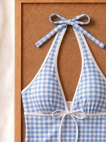 New Summer Fresh Sweet Cute Style Blue And White Plaid Halter Neck Bikini Set For Beach Vacation And Casual Wear - Multicolor - View 5