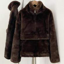 OFTBUY Jaket Pendek Bulu Imitasi Wanita, Kerah Tegak Lengan Panjang, Pakaian Musim Dingin yang Hangat - Coffee Brown - View 7
