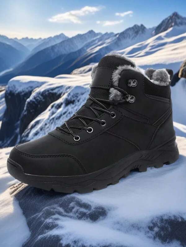 Men's Winter Snow Boots Mid-High Outdoor Warm Hiking Boots Trekking Shoes Water-Repellent Upper, Soft Shock-Absorbing Comfortable, Black Shoes,