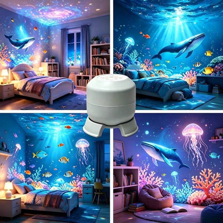 創意LED便攜式海洋夜燈，360°可旋轉投影燈，柔光護眼助眠燈，居家裝飾燈，適用於臥室、客廳、遊戲室 - 節日裝飾燈，理想禮物選擇