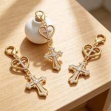 60pcs/20sets Gold Rhinestone Heart Double Cross Keychain, Guest Baptism Favor, Christian Baptism Communion Souvenir, Christian Party Decoration - Multicolor - View 8