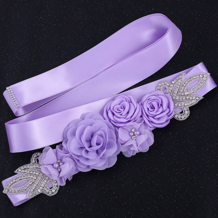 1pc Romantic Fabric Flower Handmade Rhinestone Bridal Waist Belt Wedding Dress Decoration Maternity Photo Accessory - Lavender - View 1