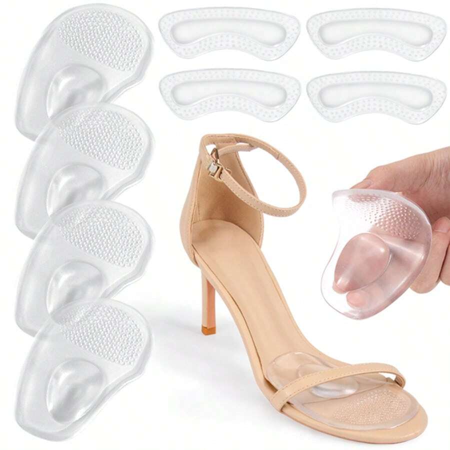 4 pares (almohadilla para antepié + almohadilla para talón) combinación, 2 en 1 unisex transparente antideslizante con masaje y absorción de impactos, almohadilla autoadhesiva para antepié, almohadilla autoadhesiva para talón de media talla con masaje granular invisible y cómoda