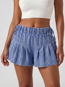 Womens Summer Denim Skorts Casual Loose Fit Stylish Pleated Solid Color Drawstring Elastic Mid Rise Shorts - Baby Blue - View 4