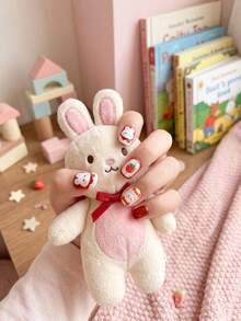 24pcs Kids Girls Press-On Short Artificial Nails, Cute Strawberry & Rabbit Pattern Design Pre-Glued Full Coverage Acrylic Nail Tips Set, Suitable For Children Girls Nail Decoration (Strawberry Girl) - Multicolor - View 3