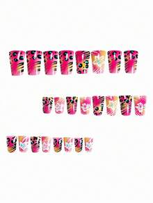 24pcs Duck Nail Art Tips, Sweet & Cool Black Striped Spotted White Floral Pink Nails, Fashion White Hibiscus White Striped Polka Dot Leopard Print Full Coverage Stiletto Fake Nails, Includes 1pc Jelly Glue And 1pc Mini Nail File, Jelly Glue Randomly Sent - Multicolor - View 3