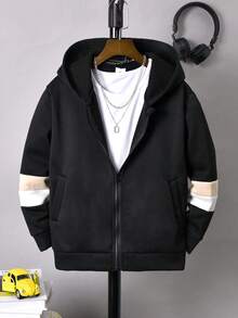 Vihyde Tween Boys Simple Daily School Wear Two-Tone Color Block Long Sleeve Zip-Up Hoodie Jacket, Autumn/Winter - Black - View 2