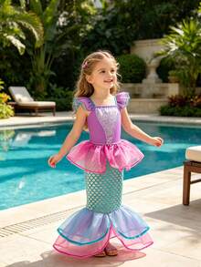8 peças/Conjunto Acessórios de Vestido de Sereia Rosa Sem Mangas com Estampa Floral para Meninas, Conjunto de Fantasia de Princesa Infantil para Festa, Natal, Halloween - Rosa chiclete - Visão 4