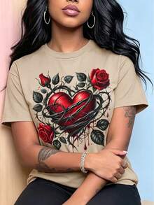 T-shirt da donna in stile gotico con rose a forma di cuore, nera e rossa, rosa spinosa, stile gotico per donne - Sottocultura High Street, stile dark, 100% cotone, top estivo, faci - Albicocca - Visualizzare 2