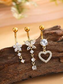 3pcs Stainless Steel Navel Ring Set Butterfly Heart Flower Inlaid Shiny Zirconia Sexy Belly Piercing Jewelry 18K Gold Plated For Women - Yellow Gold - View 2