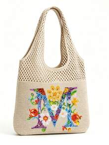 LFIRSTL Women's Crochet Tote Bag | 26 Personalized Initial Options, Bohemian Floral Mesh Beach Bag, Large Capacity Knitted Shoulder Handbag, Suitable For Summer Vacation, Travel And Daily Commute - Khaki - View 21