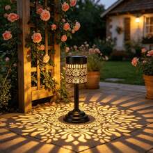 2/1pc Vintage Mandala Peony LED Table Lamp, Warm Light, Hollow Shadow Decoration, IP44 Waterproof Metal Solar Light, Auto On/Off, Exquisite Landscape Light, Suitable For Garden, Patio, Balcony, Camping, Wedding And Other Occasions - Warm-lighted Peony - View 3