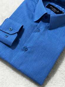 Women's Premium Linen-Style Dress Shirt, Long-Sleeved, Structured, Straight Fit, Plain Polyester With Linen Print - 靛藍牛仔褲 - 查看 7