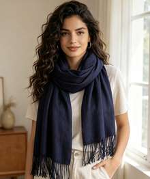 Plain Polyester Pashmina Scarf Weighing 150g-180g With Fringe, Unisex. - 藏蓝色 - 查看 4