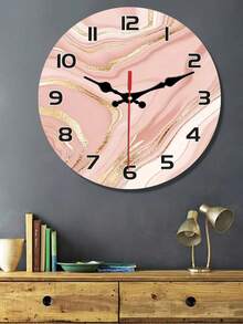 Elegant Silent Wooden Wall Clock - 10/12 Inch Round, Marble Water Ripple Design, Pink & Gold Accents, Battery Powered (AA Batteries Not Included), Home Decor Accessory | Elegant Wall Clock | Marble Effect Clock, Living Room Wall Clock - 1PC - View 9