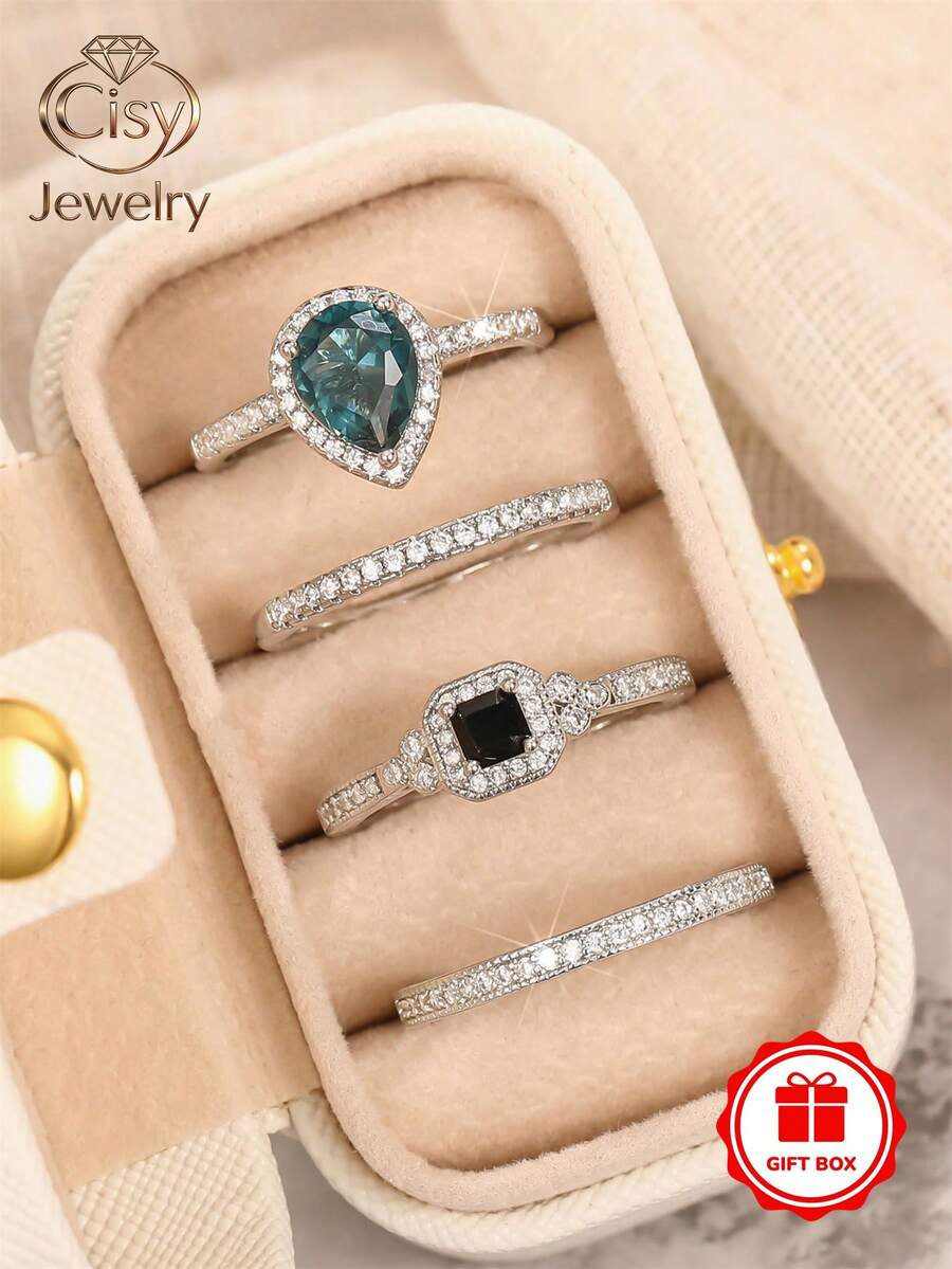 4 pièces Ensemble de bagues avec pierres en zirconium cubique, avec boîte cadeau, convient aux femmes, applicable pour mariage, fiançailles, anniversaire, Saint-Valentin et plus - 1# - Voir 1