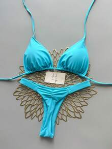 2Pcs Heart Beach Casual Cute Elegant Sexy Bohemian Braided Lace-Up Bikini Swimwear For Beach Vacation Spring Summer, Euro Summer - Baby Blue - View 1