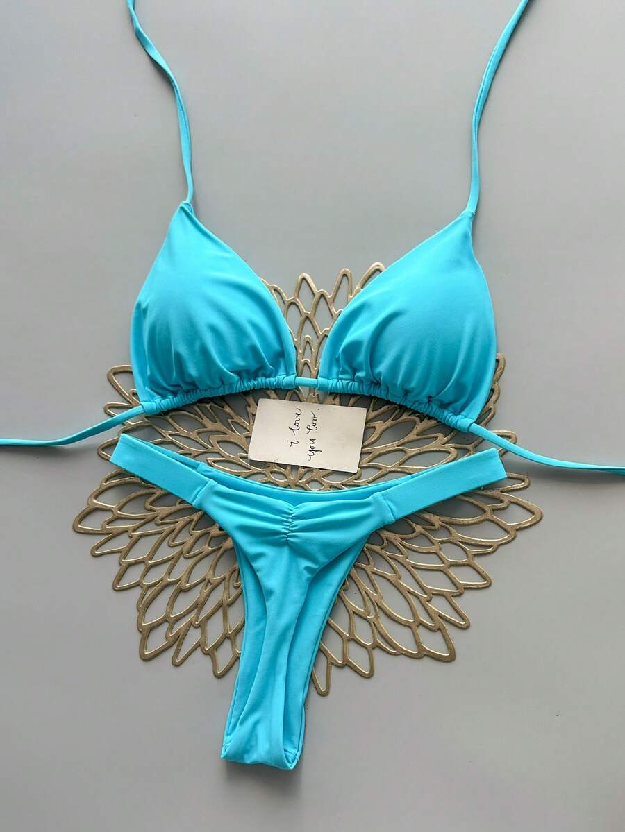2Pcs Heart Beach Casual Cute Elegant Sexy Bohemian Braided Lace-Up Bikini Swimwear For Beach Vacation Spring Summer, Euro Summer - Baby Blue - View 1