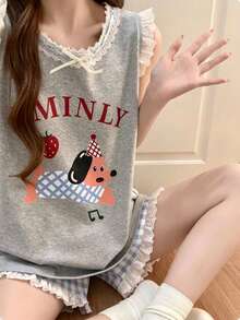 2件組女款睡衣家居服套裝，可愛小狗印花時尚無袖套頭上衣搭配格紋印花短褲，適合春夏，居家穿著舒適 - 灰色 - 查看 6