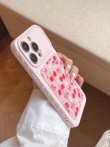 1pc Pink Side 3D Heart + Cherry Floral Bow Pattern Folding Card Holder Phone Case, Compatible With IPhone 17/16/15/14/13/12/11 - Multicolor - View 11