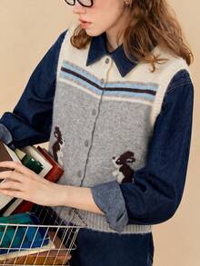 Alicedudu Women's Autumn Vintage Animal Print Cardigan Sweater Vest Fall - Light Grey - View 5