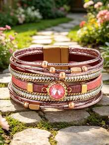 1pc Multi-Layer Leather Bracelet With Pink Crystal & Rhinestone, Magnetic Clasp, Bohemian Stackable Wrist Jewelry For Women - Khaki - View 8