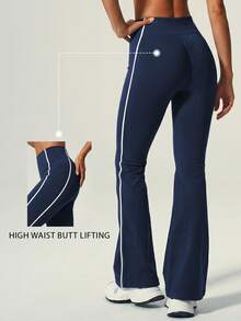 UONNOU Women's High Waist Colorblock Split Flare Leg Tight Pants, Tummy Control Butt Lifting Fitness Yoga Pants Sports - Navy Blue - View 2