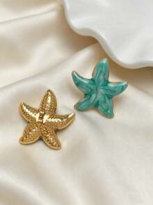 1 Pair Stainless Steel Gold-Plated Oil Drop Earrings, Low-Allergy Fade-Resistant, Elegant Green Enamel Starfish Earrings, Summer Forest Ocean Beach Style, Bohemian Style, Suitable For Women's Daily Wear, Dates, Vacations And Valentine's Day, Perfect Holiday Gift - Multicolor - View 4
