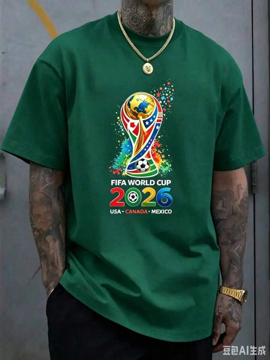 [Official FIFA World Cup Licensed]World Cup T-Shirt, Unisex, 2026 Football Jersey, USA, Canada, Mexico Styles, Fan Gift, Fan Apparel, Single Piece - 墨綠色 - 查看 1