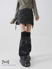 polve 1 Pair Y2K Subculture Style Black Leather Patchwork Ribbed Leg Warmers With 3D Pockets, Slimming Leg Covers - Black Rivets - View 7