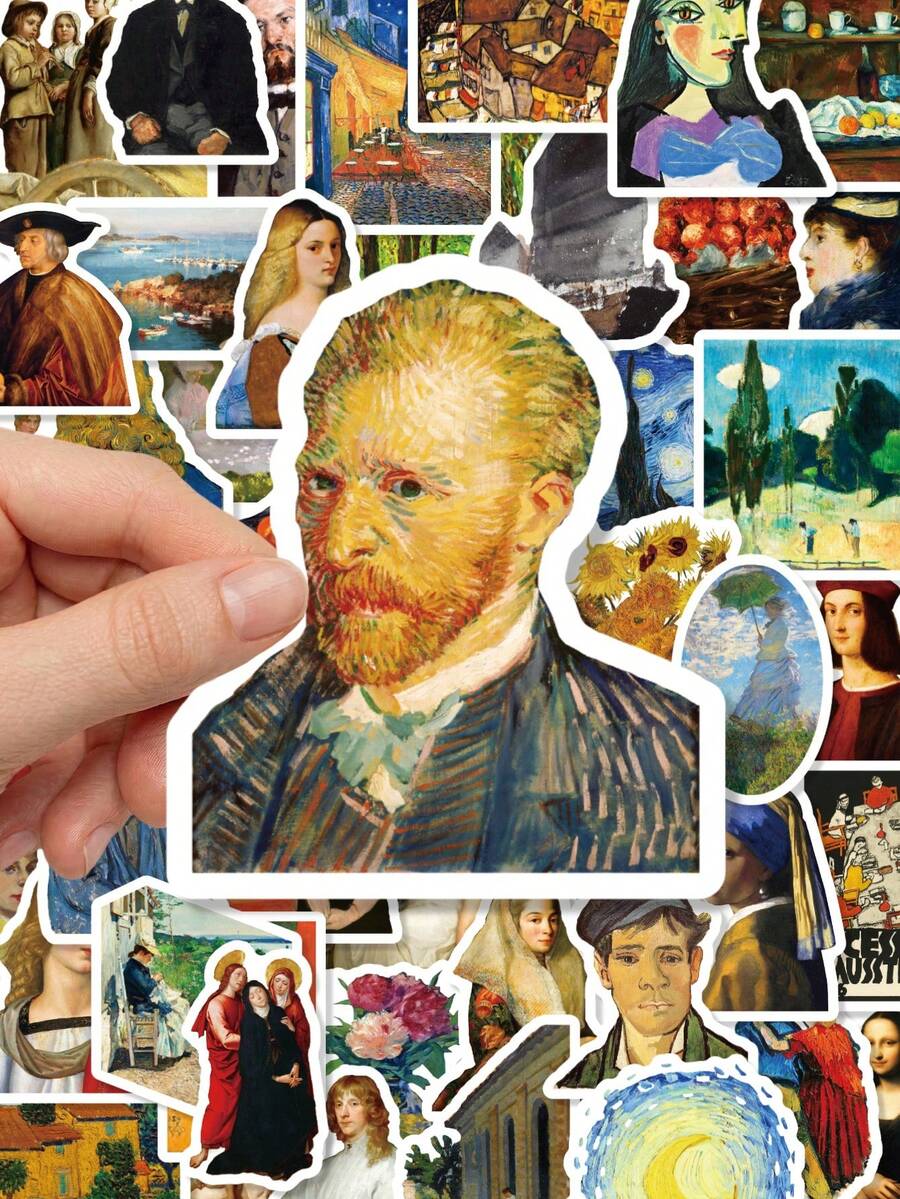 50Pcs Famous Classic Art Painting Stickers, Iconic Masterpieces By Van Gogh, & Vermeer, Perfect For Journal Collage, Masterpiece Art Decals For Journal, Water Bottle, Laptop, Scrapbook - Multicolor - View 1