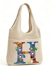LFIRSTL Women's Crochet Tote Bag | 26 Personalized Initial Options, Bohemian Floral Mesh Beach Bag, Large Capacity Knitted Shoulder Handbag, Suitable For Summer Vacation, Travel And Daily Commute - Khaki - View 5