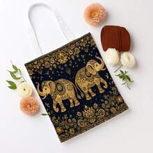 1pc Vintage Elephant Pattern Tote Bag, Decorative Gold & Black Floral Textile Design Reusable Shopping Bag, Multi-Functional Printed Handbag, Casual Style, Perfect For Book Lovers - Multicolor - View 4