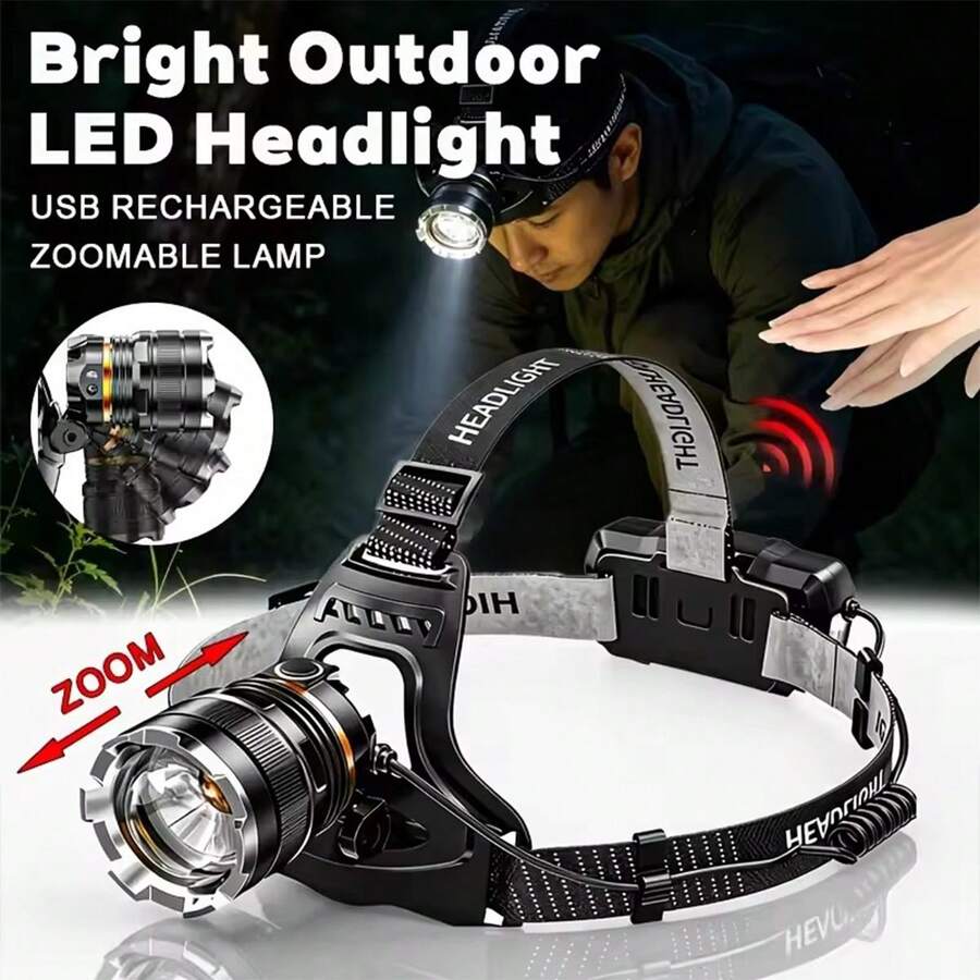 1件可縮放感應式LED頭燈,便攜式釣魚手電筒,可充電戶外露營狩獵工作燈,免手持 - 彩色 - 查看 1