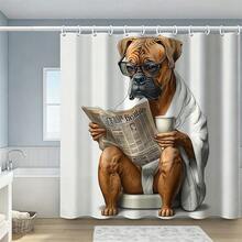 1件趣味鬥牛犬在馬桶上閱讀報紙印花防水浴簾，防霉聚酯纖維浴室隔簾附掛鉤，幽默寵物狗愛好者浴室家居裝飾 - 查看 2