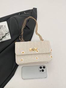 Mini bolso de hombro de paja con cadena y bordado de margarita nueva, bolso cuadrado pequeño con cierre giratorio de moda, bolso de playa mini elegante para mujer, bolso de playa de paja, artículos esenciales de playa, accesorios de playa y artículos imprescindibles de verano, artículos esenciales para vacaciones, combinación perfecta para accesorios de playa de mujer, bolso de vacaciones de verano de moda, adecuado para vacaciones y días festivos, bolso tote esencial de playa para mujer - Blanco - Ver 7