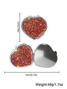 BLBLBL 1PC Brand New Diamond Style Multi-Color Shiny Cute Luxury Heart-Shaped Portable Pocket Flip Cover Makeup Mirror, Crafted With A-Grade Artificial Rhinestones, Elegant Handheld Mirror Suitable For Daily, Travel, Business Trip Makeup Use - Silver Plating - View 5