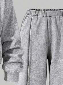 Youth Girl Cartoon Print Round Neck Asymmetrical Shoulder Long Sleeve Top And Pants - Grey - View 4