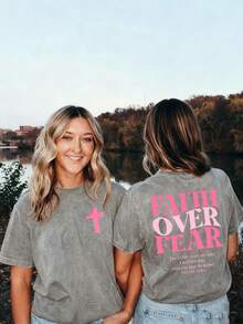 Psalm 118:6 Faith Over Fear Shirt Pink Cross Graphic Vintage Wash Christian Streetwear Church Outfit, Women Washed T-Shirt,Vacation Outfits Women - 灰色 - 查看 1